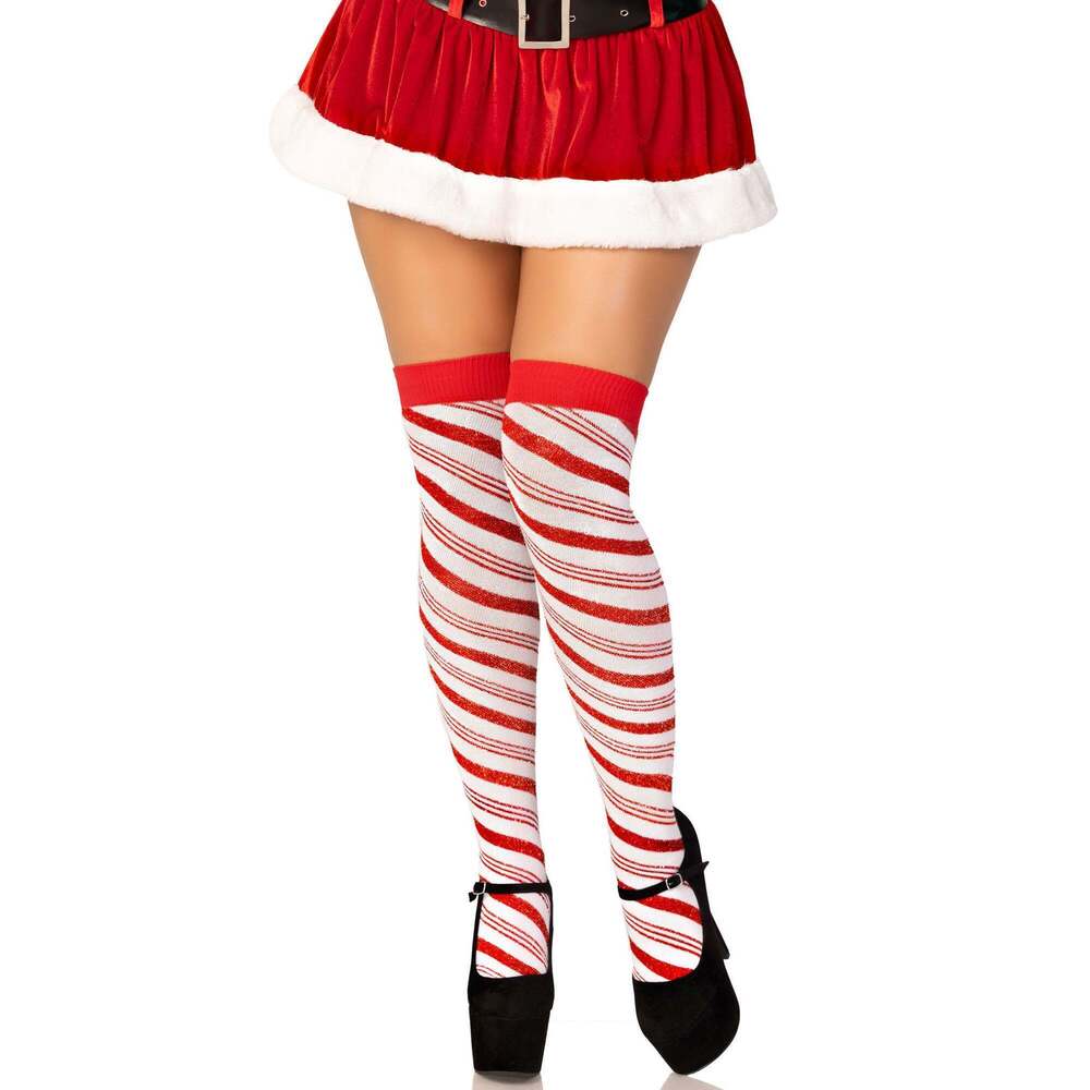 Leg Avenue - Candy Cane Lurex Striped Socks - Over the Knee  - White/Red